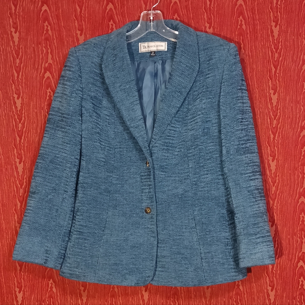 TRAVIS AYERS 2 Piece Blue Long Sleeve Collared Textured Professional Suit Sz 12 - Picture 3 of 12